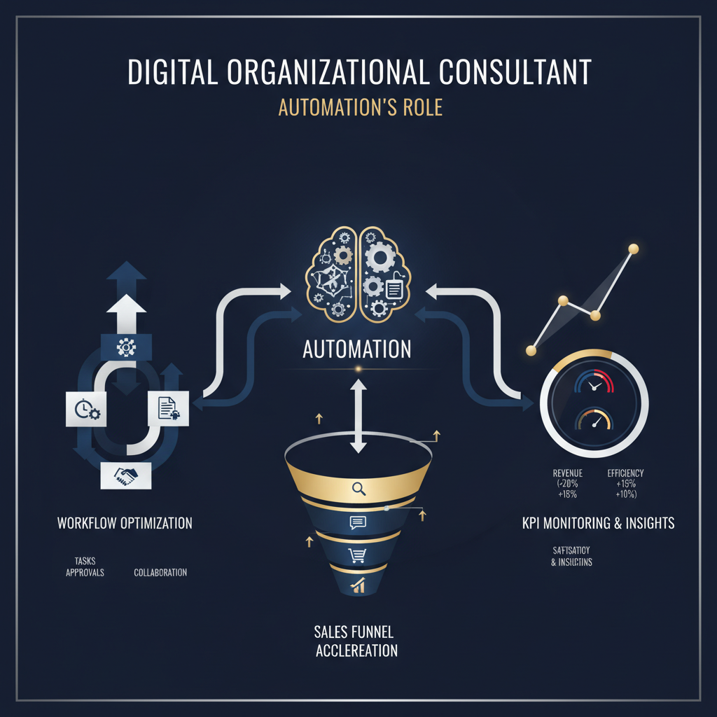 An infographic visualizing automation's role as a digital organizational consultant, featuring interconnected workflow diagrams, a sales funnel, and KPI tracking dashboards, all composed of minimalist geometric shapes and digital icons.