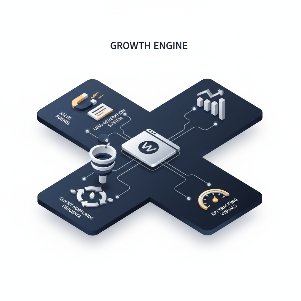 An isometric infographic illustrating Automated-Biz as a complete growth engine, with a central website connecting to various automated workflows, sales funnels, and lead generation systems.