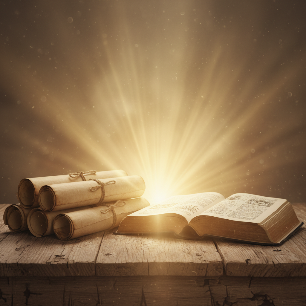 An open Bible and ancient scrolls bathed in a soft golden light on a wooden table, symbolizing foundational scriptures.