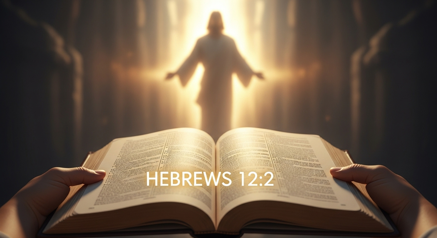 An open Bible displaying Hebrews 12:2, with a gentle light suggesting Jesus' presence in the background.
