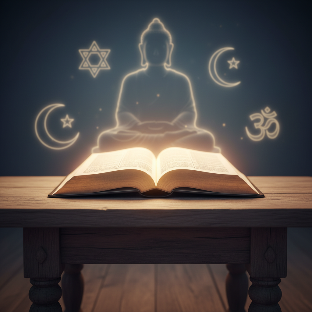 An open Bible glowing at the center, with subtle, out-of-focus silhouettes of other religious symbols like Buddha and a crescent moon in the background, emphasizing the Bible's central role.
