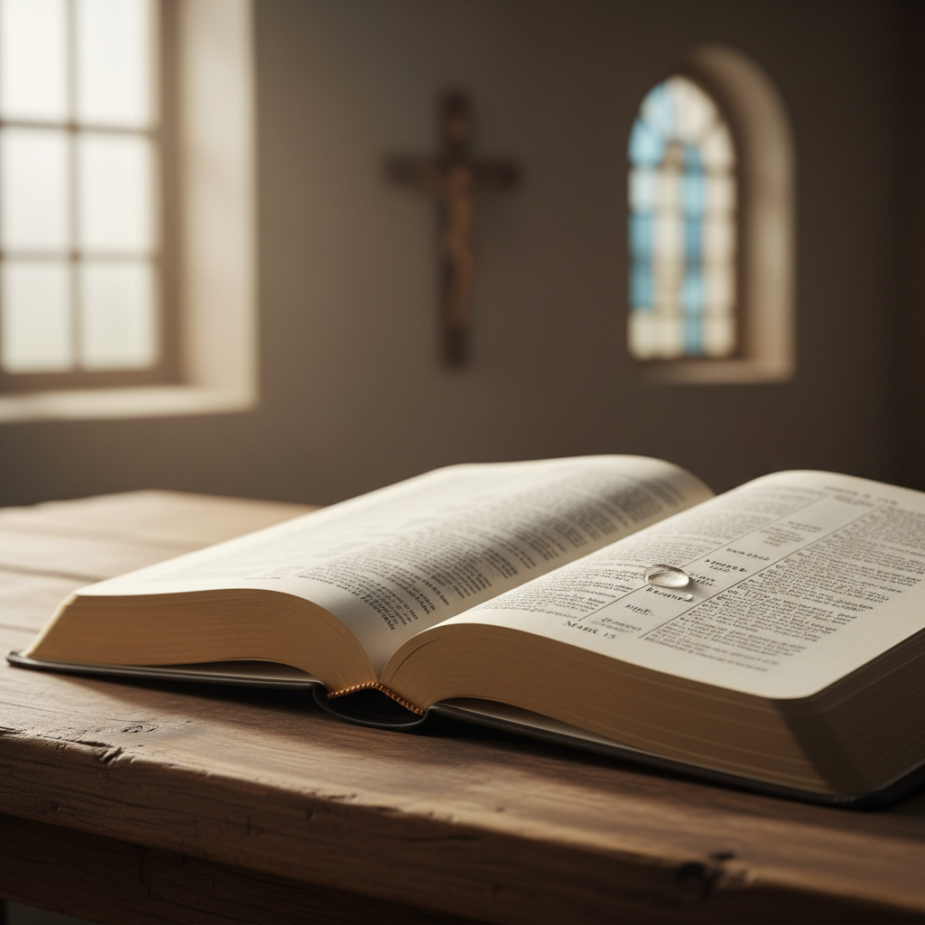 An open Bible on a wooden table, illuminated by soft light, symbolizing the message of Mark 15.