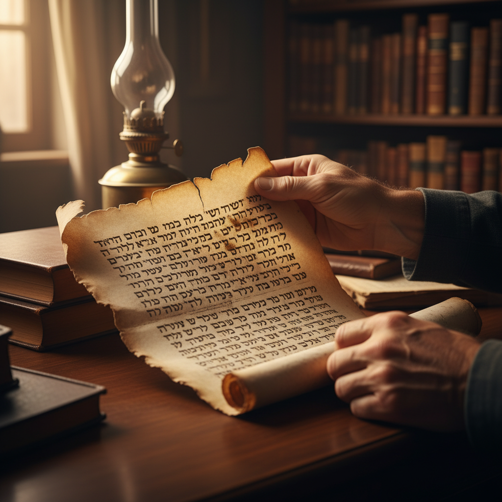 Close-up of hands carefully holding an ancient scroll with visible Hebrew script.
