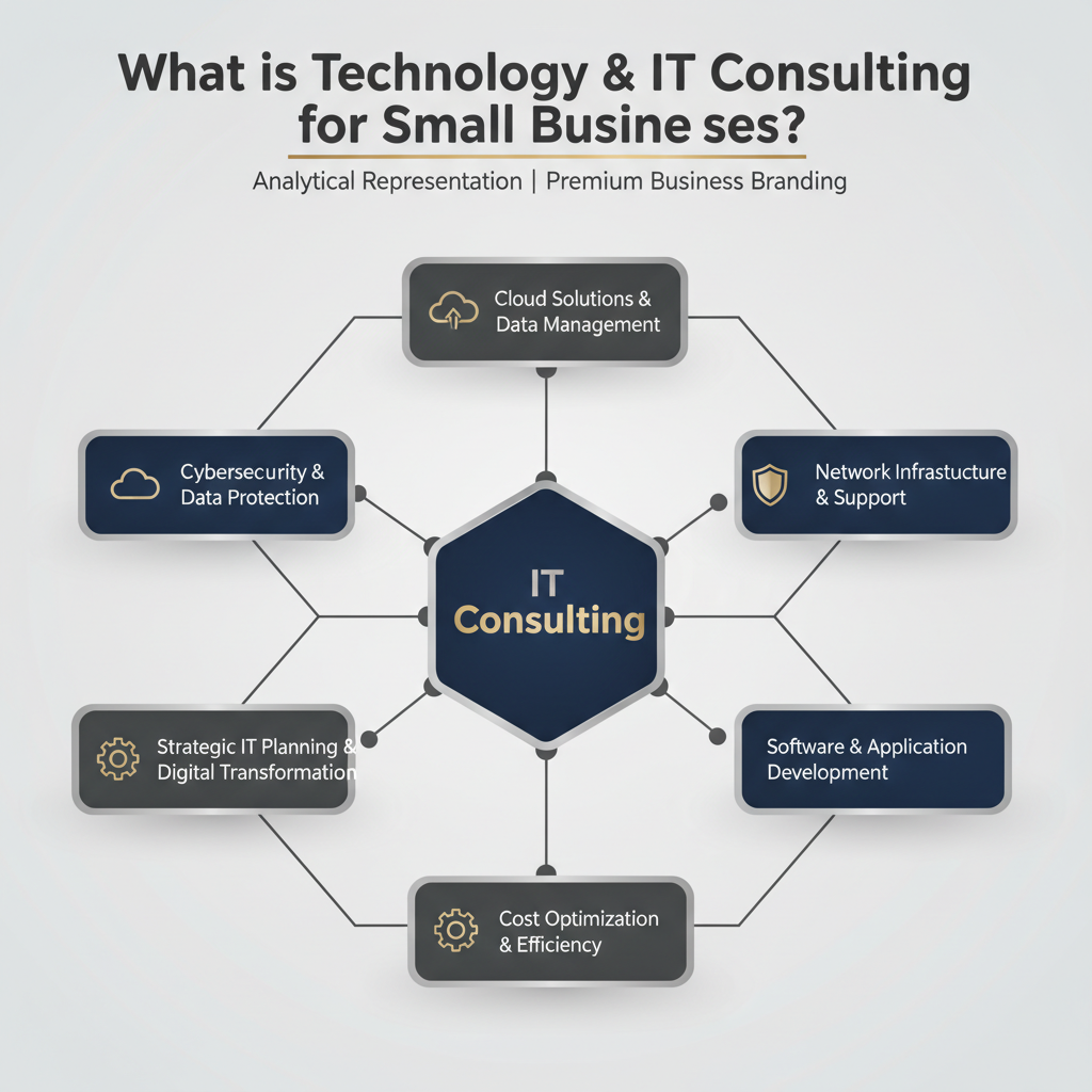 Conceptual infographic defining technology and IT consulting for small businesses as a central hub with interconnected services and benefits radiating outwards.