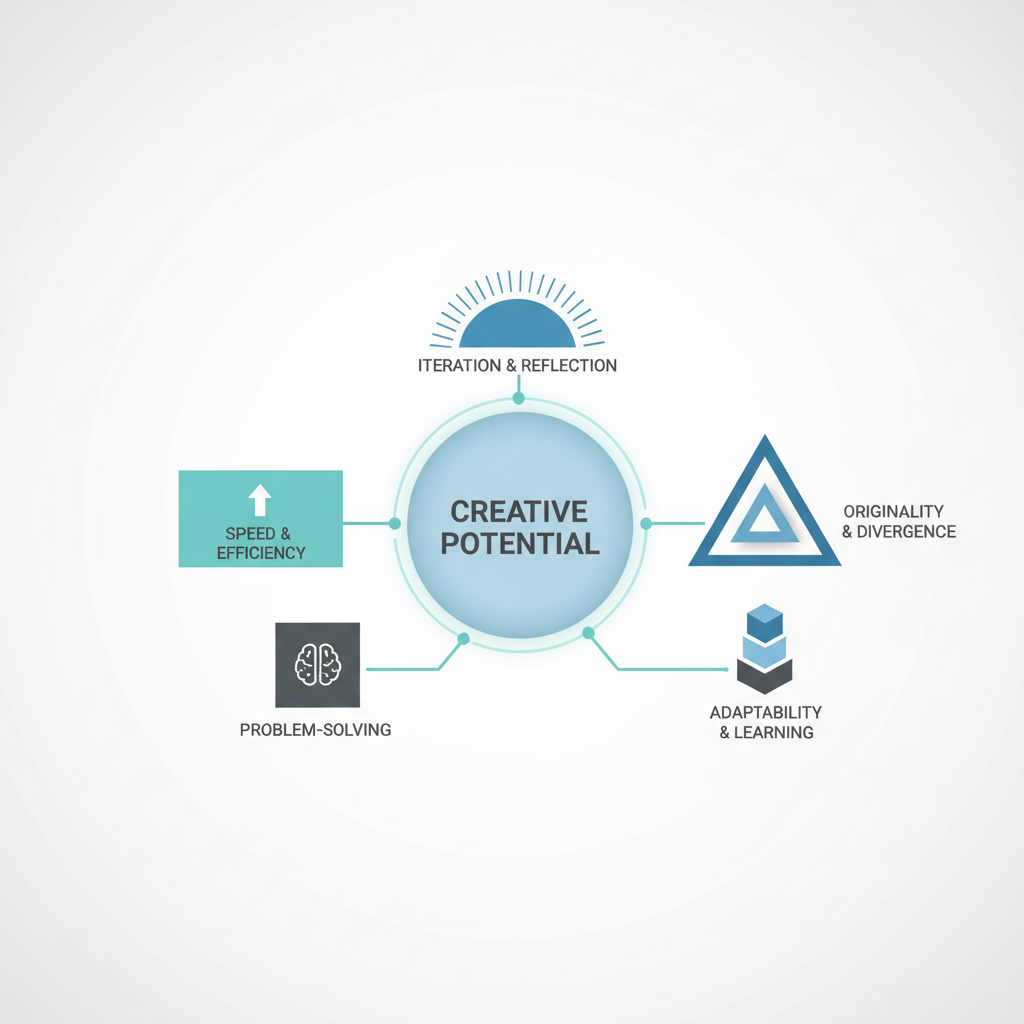 Conceptual infographic illustrating how psychological performance tests connect to and reveal an individual's creative potential.