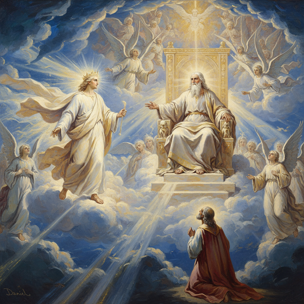 Daniel's vision of 'one like a son of man' approaching the 'Ancient of Days' amidst celestial clouds.