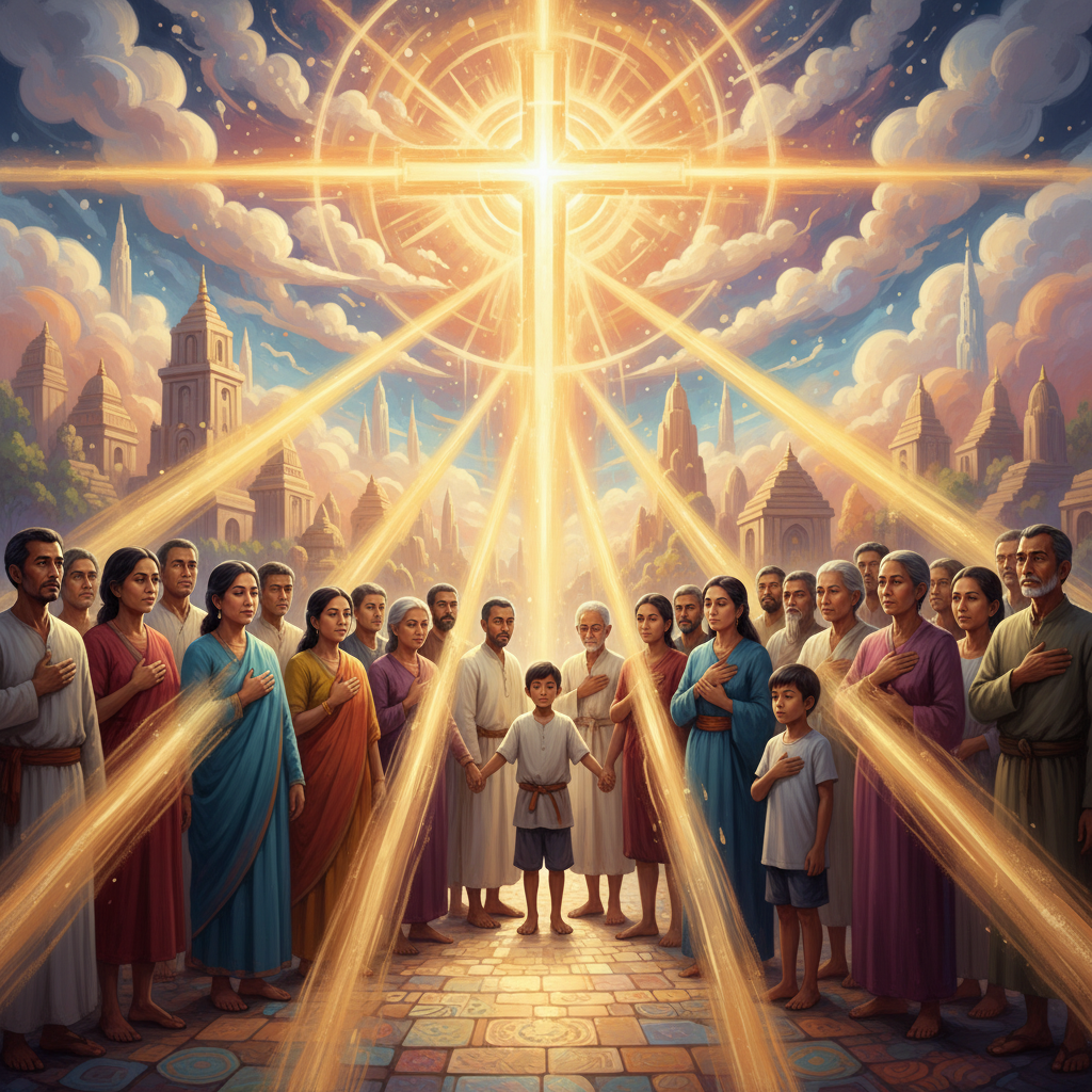 Diverse believers from various backgrounds gathered together, drawn to a radiant light emanating from a central cross, symbolizing unity in Jesus Christ.
