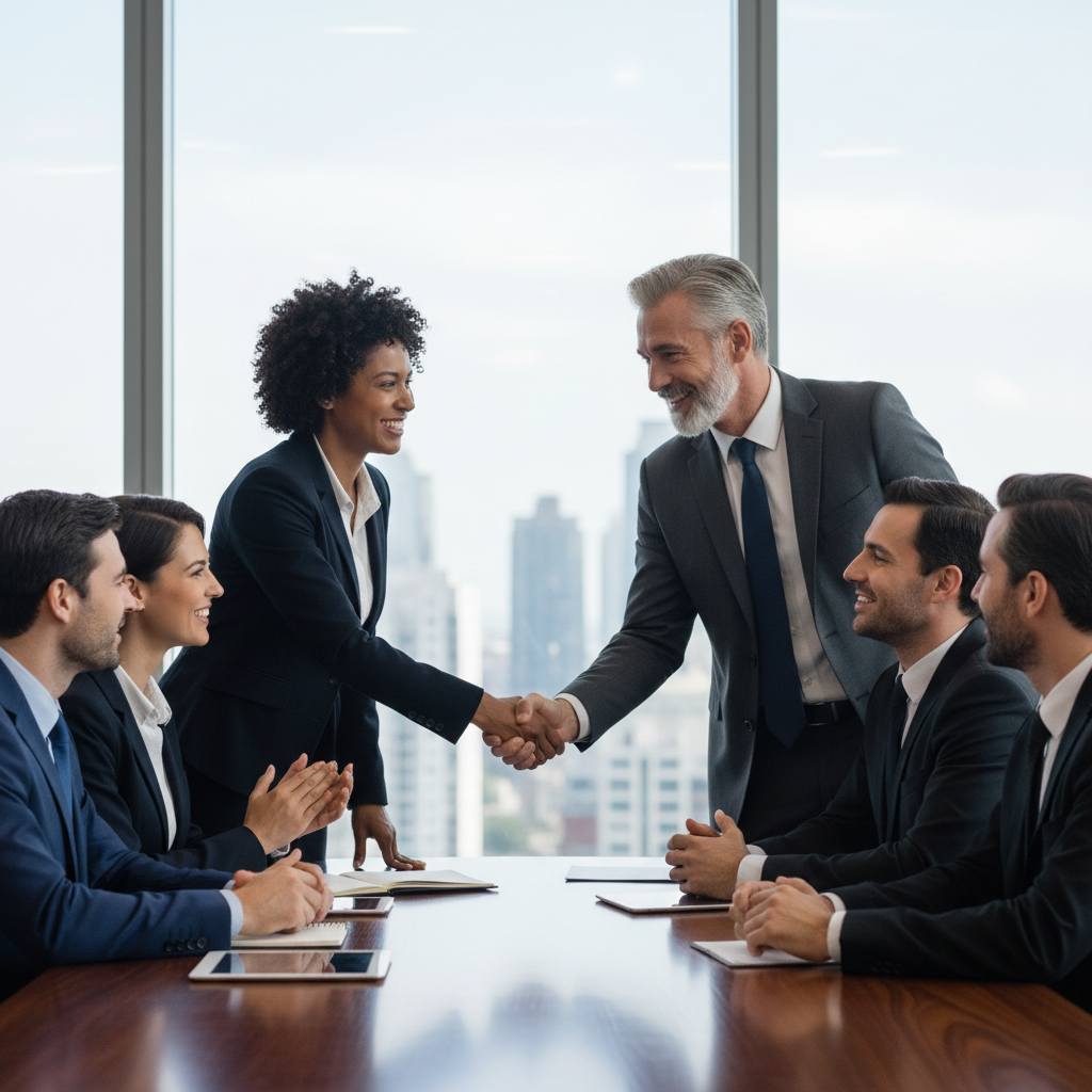 Diverse business executives shaking hands across a conference table, symbolizing a successful corporate acquisition and partnership.