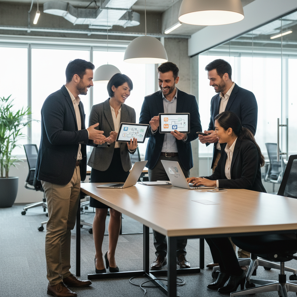 Diverse group of marketing professionals collaborating on digital platforms in a modern office.