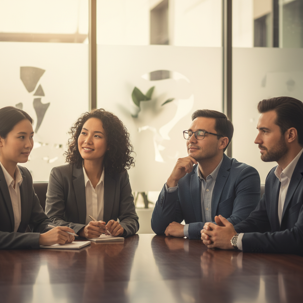 Diverse group of professionals engaged in thoughtful discussion, conveying shared understanding and profound meaning.