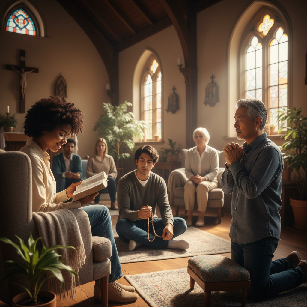 Diverse individuals engaging in Christian devotional practices like reading the Bible, praying, and contemplative reflection.