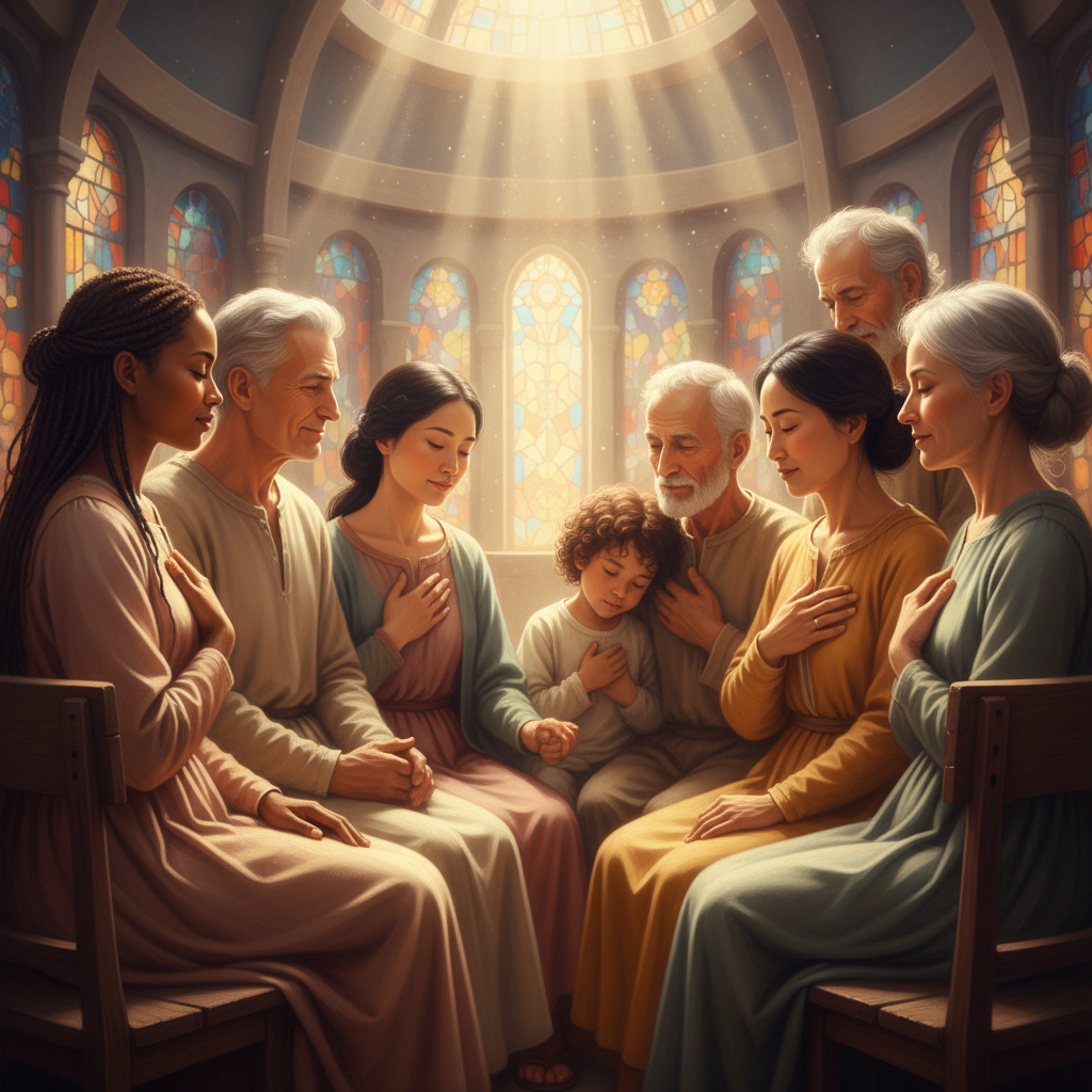 Diverse individuals from various backgrounds gathered in prayer, symbolizing the spiritual Body of Christ united in faith.