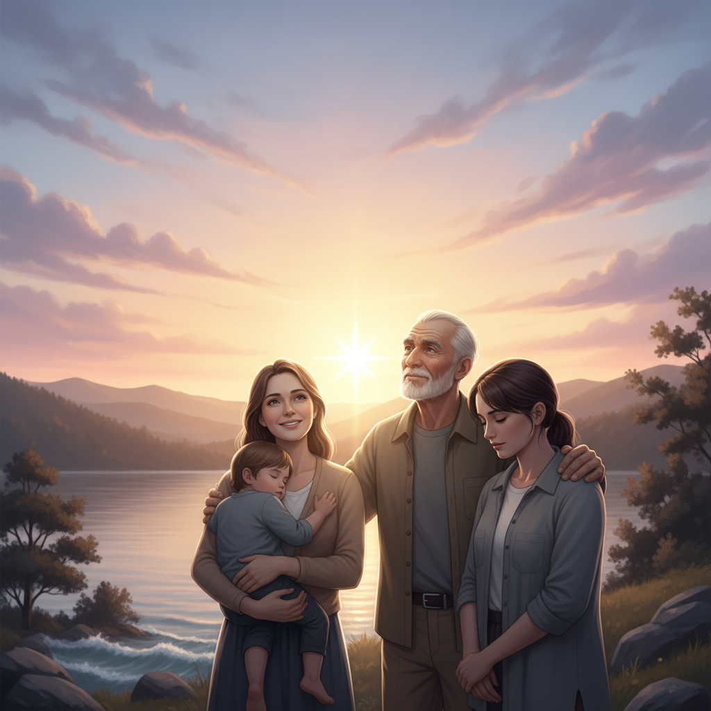 Diverse individuals looking towards a hopeful dawn, reflecting peace and affirmed faith in the light of the Morning Star.