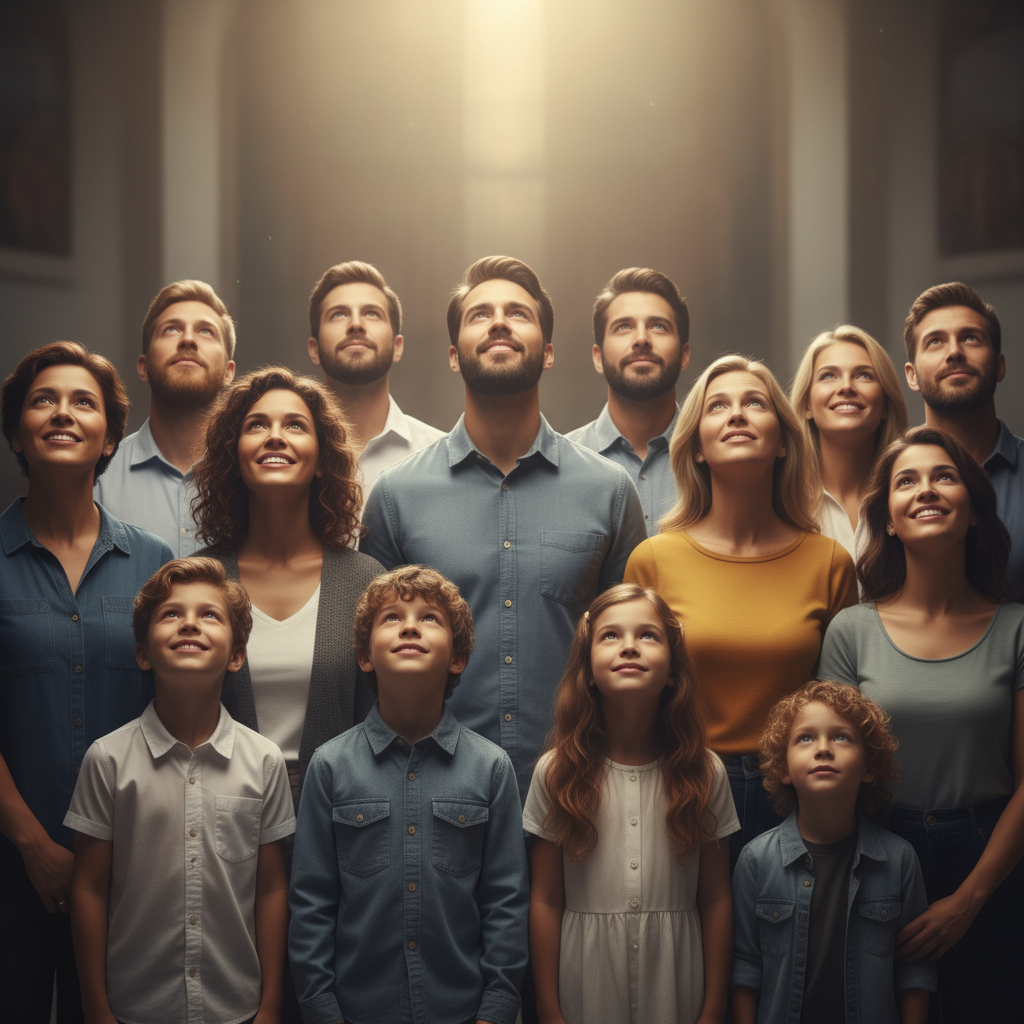 Diverse individuals looking upward with expressions of hope and peace, symbolizing strengthened faith in Christ.