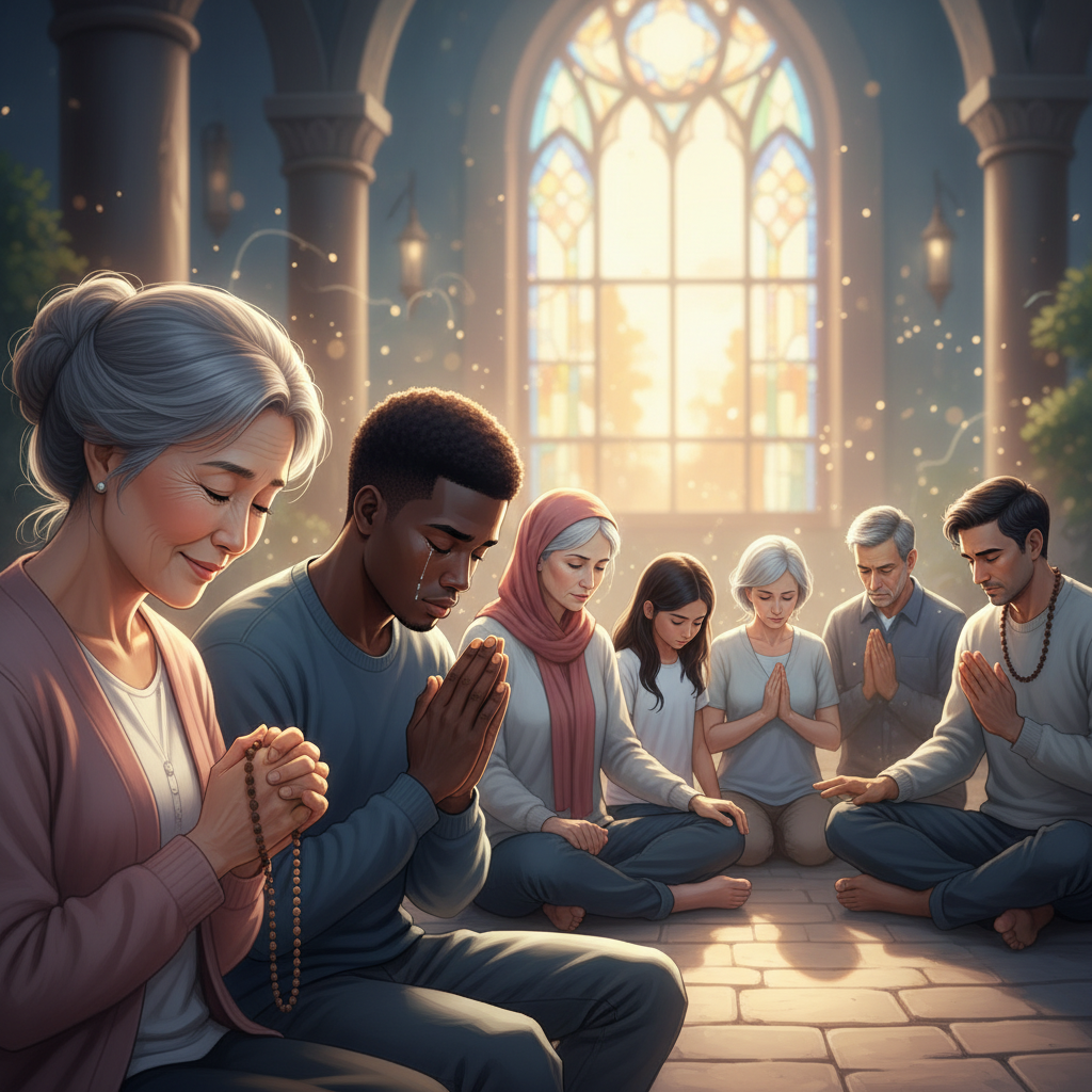 Diverse individuals of different ages and backgrounds engaged in quiet prayer and contemplation, seeking solace and hope.