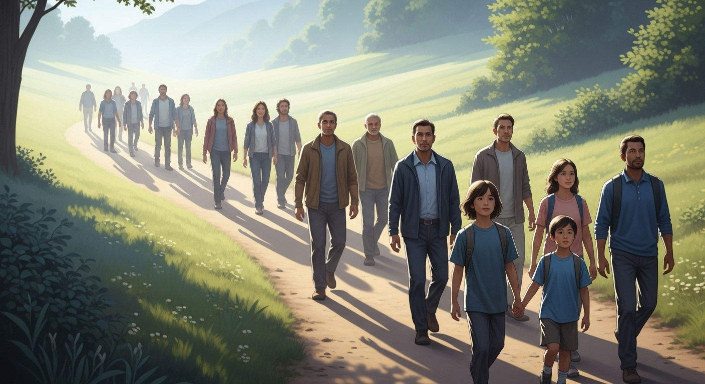 Diverse people walking together on a luminous path through a peaceful landscape, guided by light.