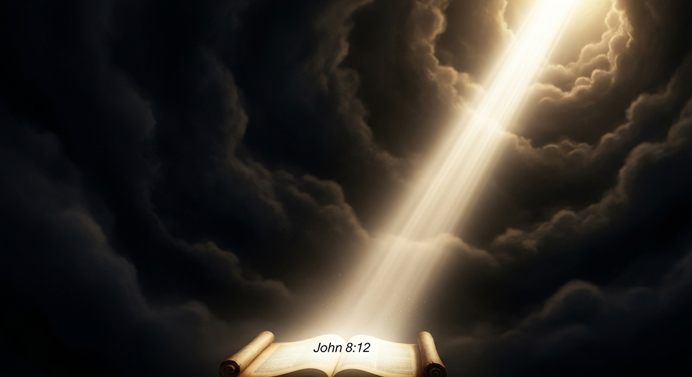 Divine light breaking through dark clouds, illuminating an open ancient scroll or Bible.