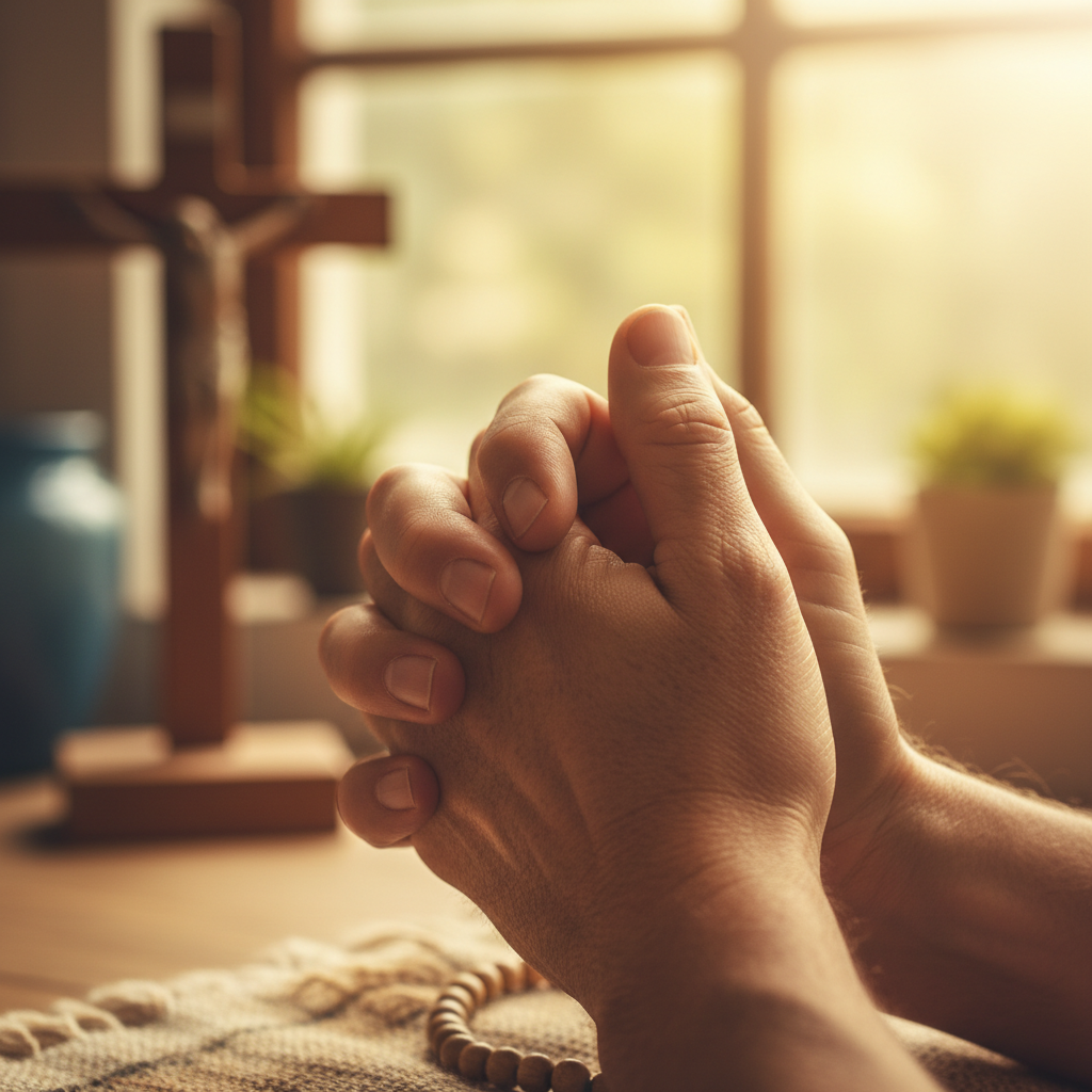 Hands clasped in heartfelt prayer, illuminated by a warm, comforting light, conveying hope and devotion.