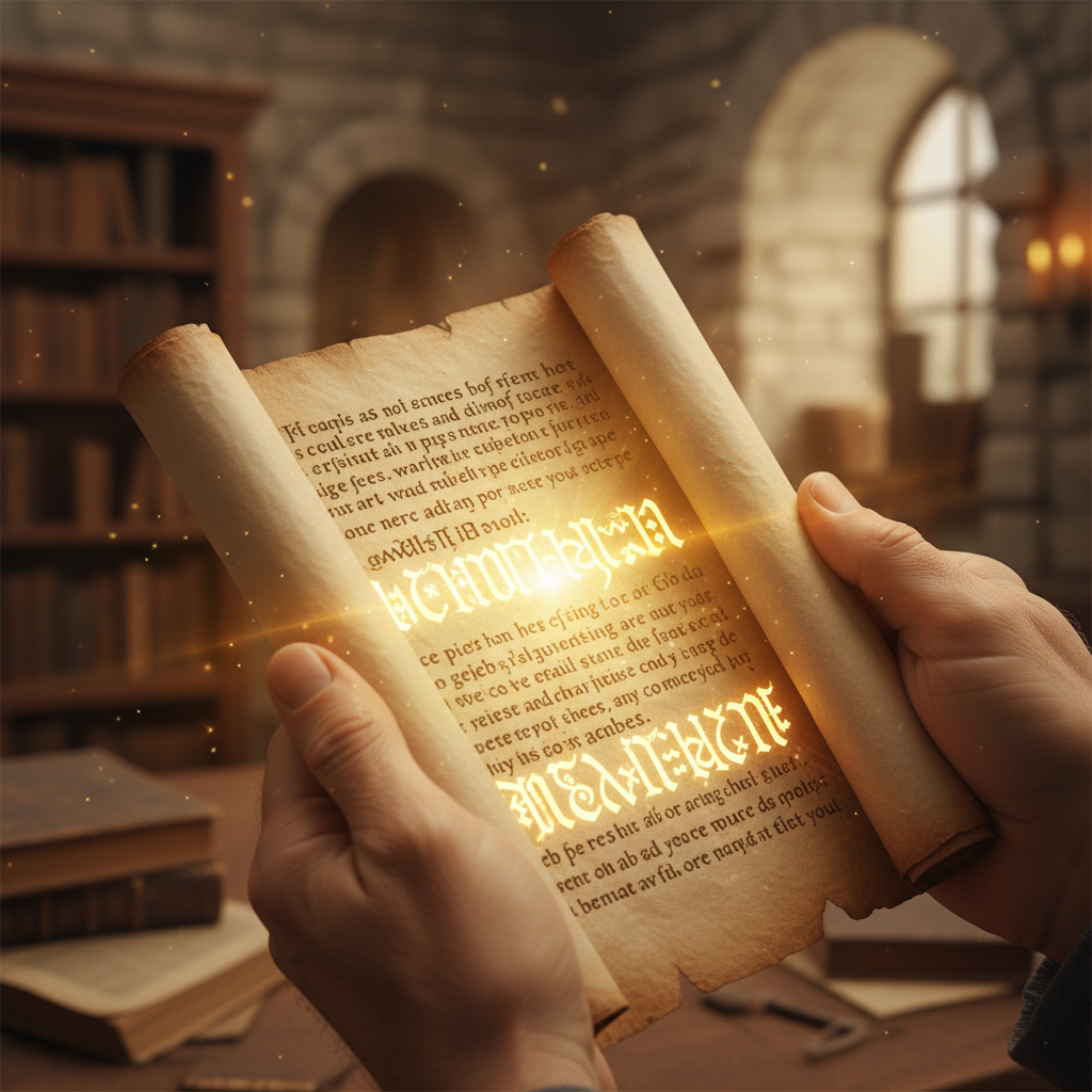 Hands holding an open ancient scroll, glowing with light, representing the wisdom and guidance from the Book of Sirach.