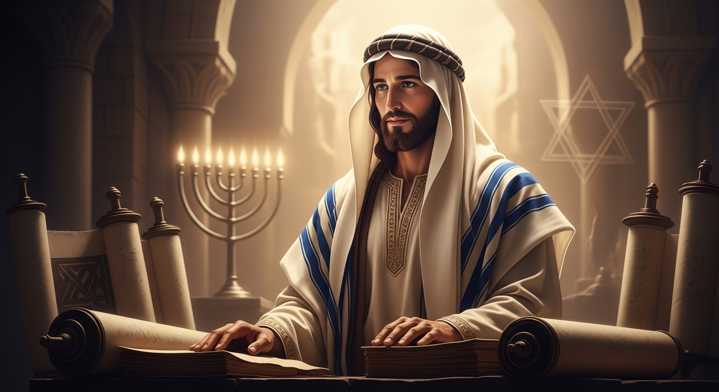 Image depicting Jesus in ancient attire, surrounded by elements symbolizing His Jewish heritage and deep historical roots in Jerusalem.