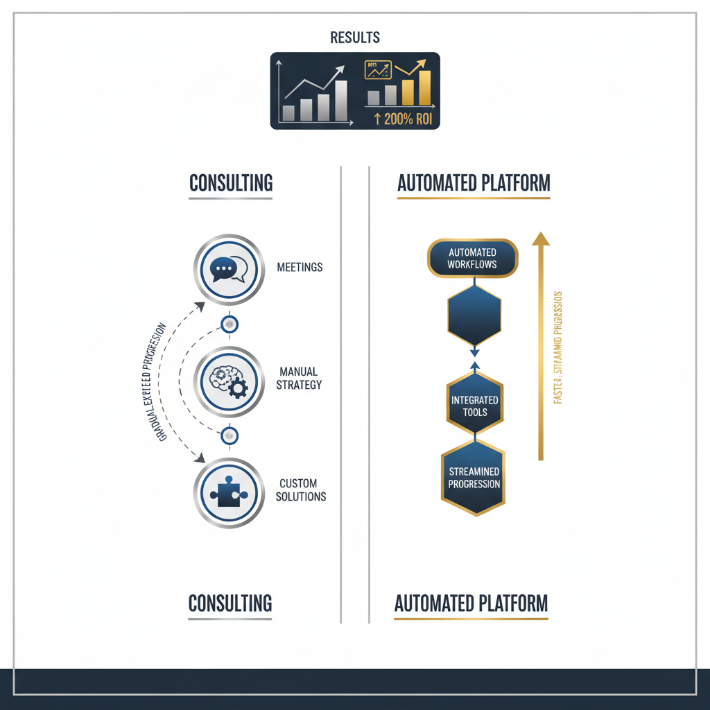 Infographic comparing consulting vs. automated platforms with side-by-side workflow diagrams, showing the automated platform leading to streamlined processes and superior results.