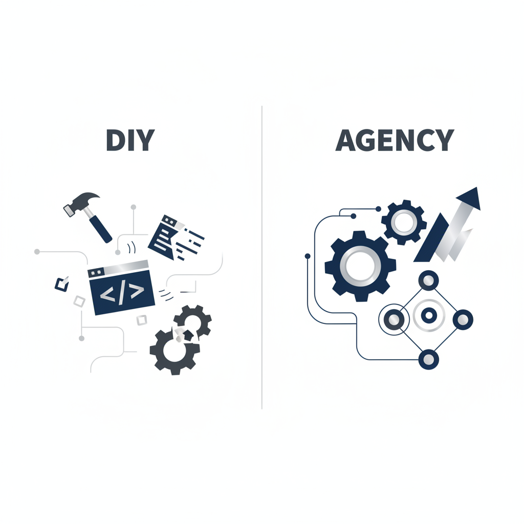 Infographic comparing DIY WordPress development (fragmented icons) versus hiring an agency (interconnected, efficient system icons).