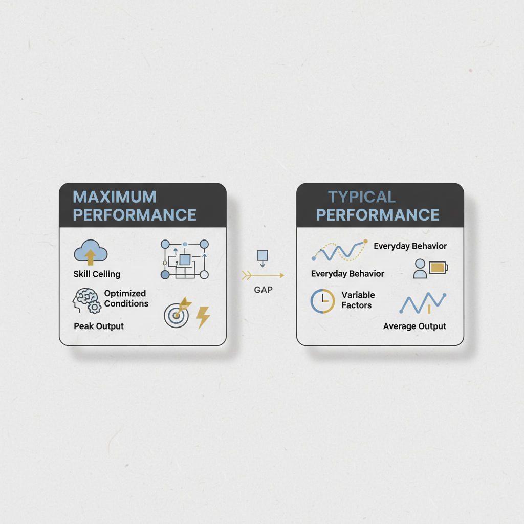 Infographic comparing Maximum Performance and Typical Performance tests side-by-side using abstract icons and labels.