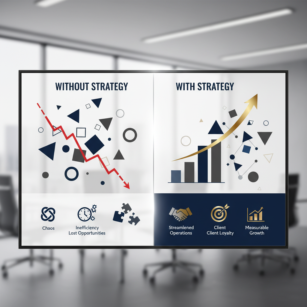 Infographic contrasting the challenges of lacking a customer service strategy (depicted as scattered, disconnected elements) with the benefits of having one (shown as an organized, ascending growth chart with interconnected elements).