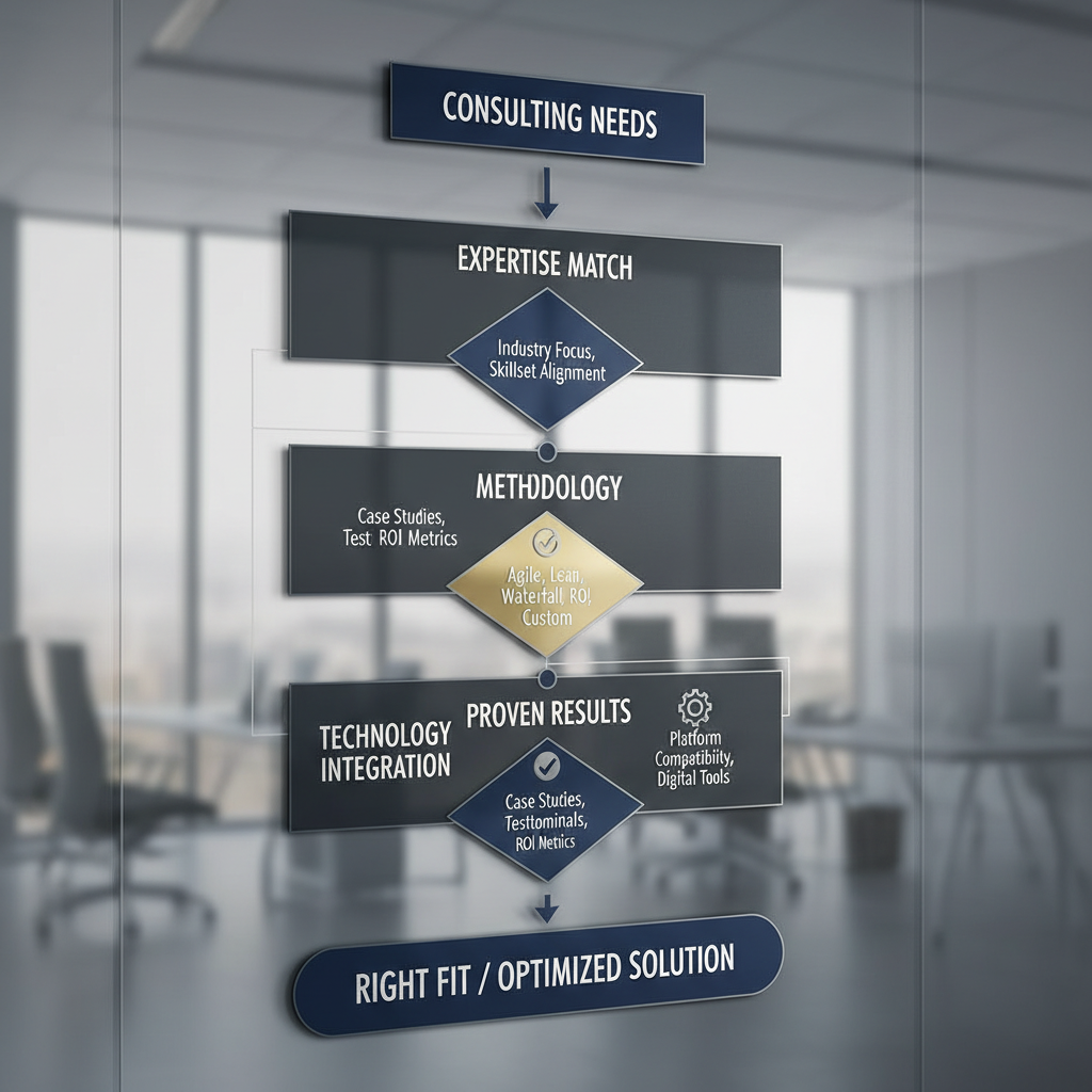 Infographic depicting a multi-stage filtering process or decision tree for selecting the right startup consulting services, emphasizing key criteria.