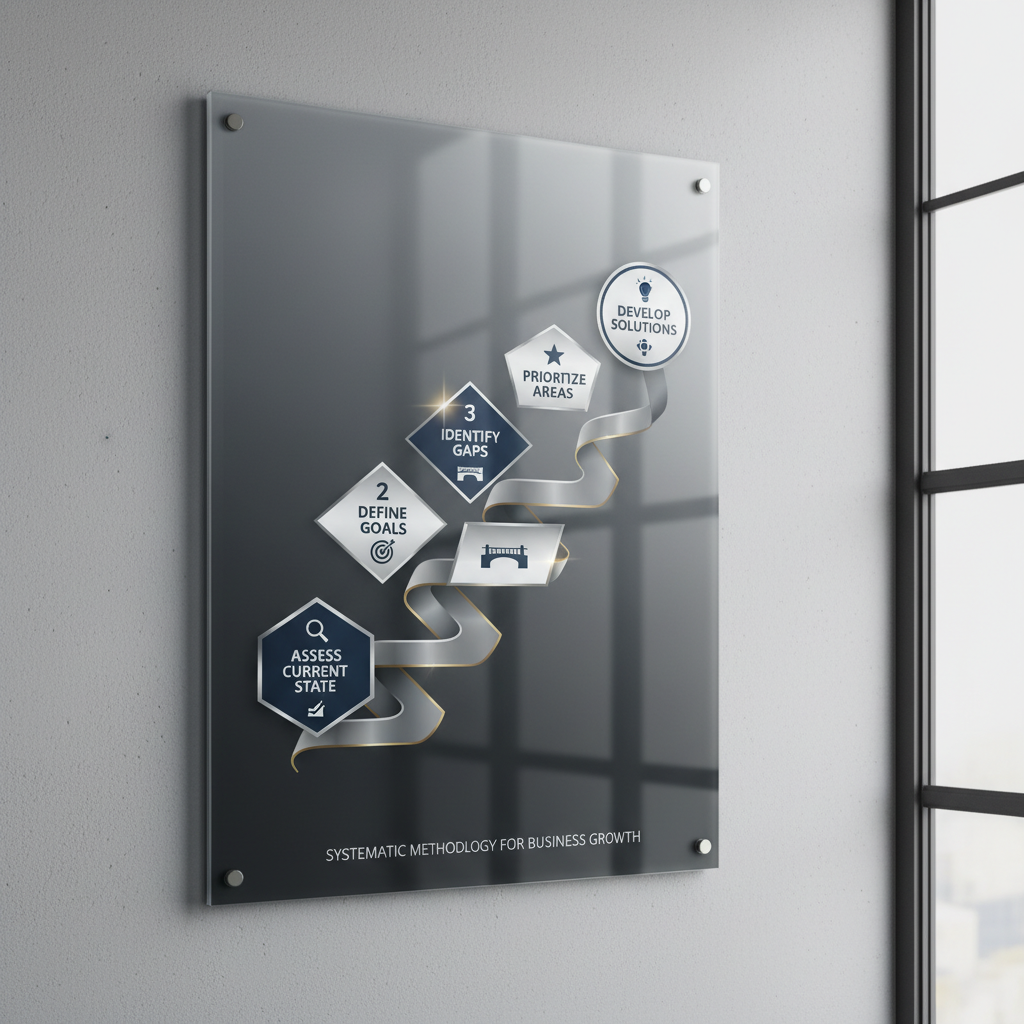 Infographic depicting a systematic, multi-step diagnostic process for identifying core business consulting needs, shown as an ascending pathway with distinct stages like 'Assess Current State', 'Define Goals', 'Identify Gaps', and 'Prioritize Areas', each with a relevant abstract icon.