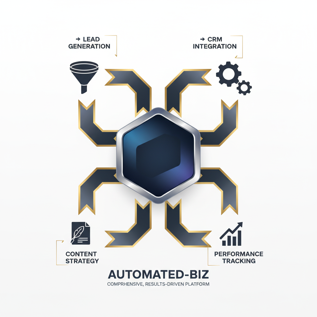 Infographic depicting Automated-Biz as a central hub with radiating, integrated pipelines for lead generation, CRM, content strategy, and performance tracking.