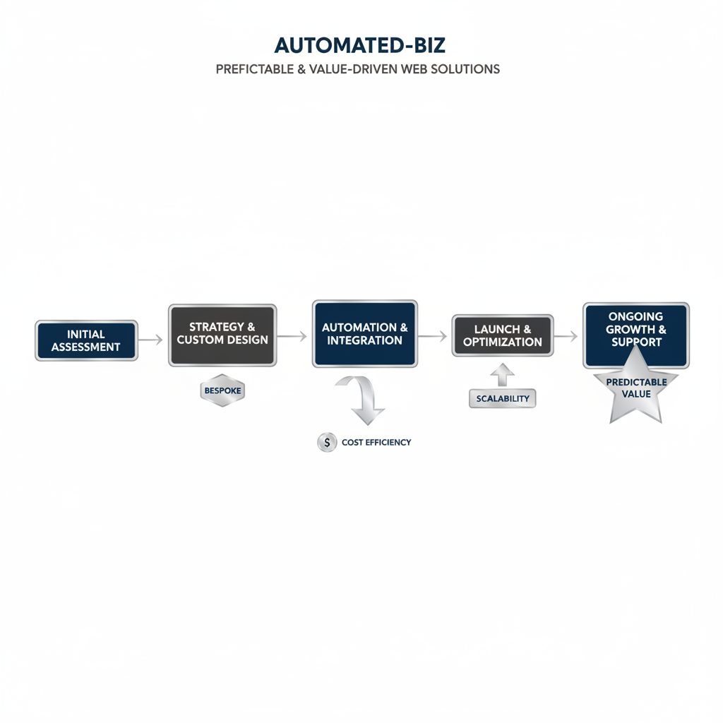 Infographic depicting the structured, value-driven web solutions offered by Automated-Biz, shown as a clear workflow progression from initial strategy to integrated automation and ongoing growth support.