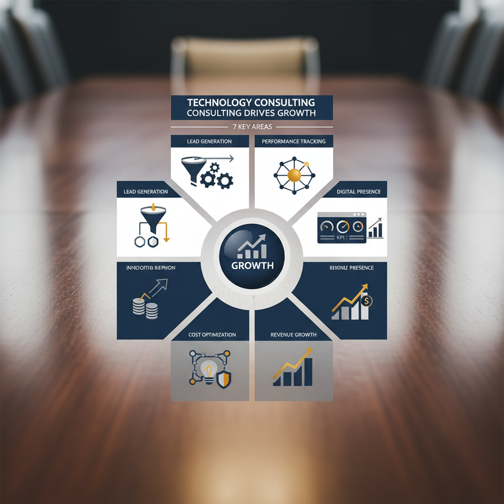 Infographic displaying 7 distinct abstract visual representations of key business growth areas, such as sales funnels and performance dashboards, radiating from a central growth icon, all connected to technology consulting.