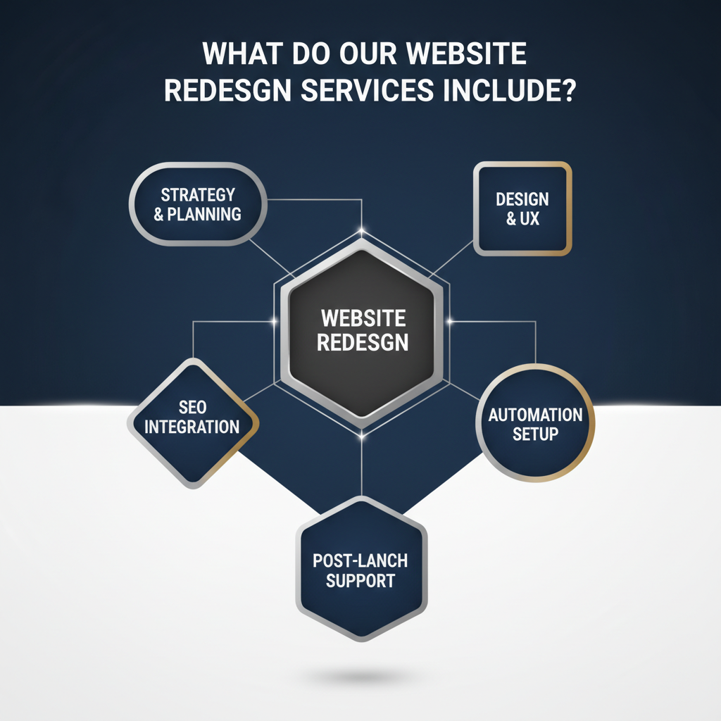 Infographic displaying a central 'Website Redesign' module surrounded by interconnected geometric shapes, each representing a key service component like strategy, design, SEO, and automation.
