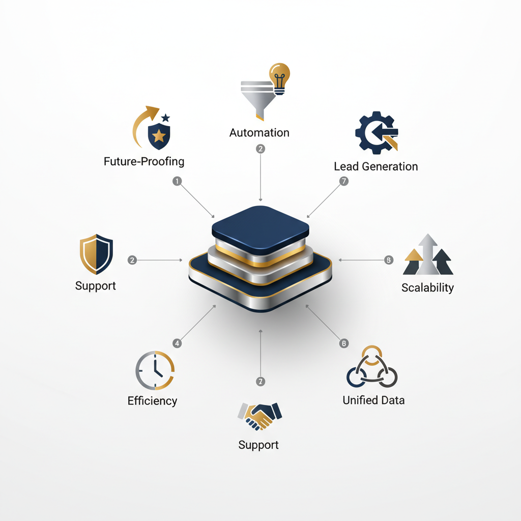 Infographic illustrating 7 distinct advantages of choosing an integrated business platform over standalone web development services, depicted as numbered icons radiating from a central platform symbol.