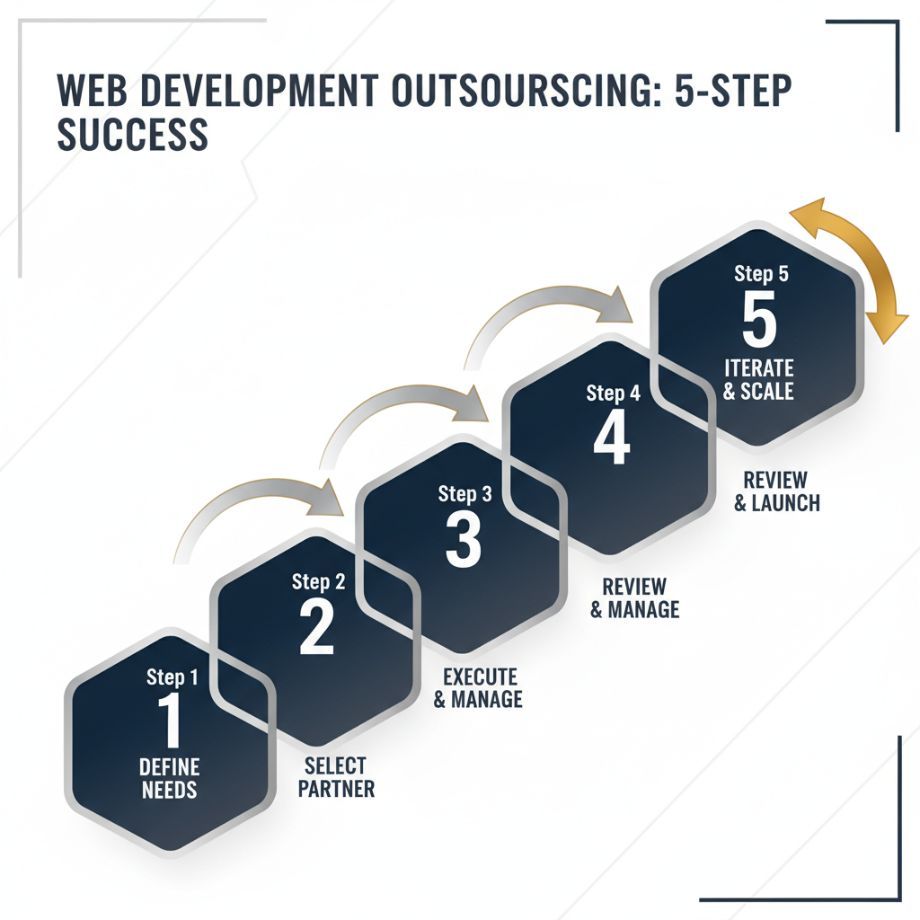 Infographic illustrating a 5-step process for outsourcing web development, shown as a sequence of interconnected geometric shapes labeled with key stages from defining needs to iteration.