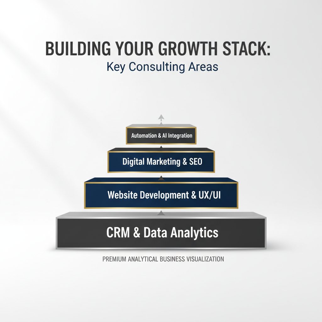 Infographic illustrating a 'growth stack' with distinct, layered modules representing key IT consulting areas that build upon each other for business scaling.