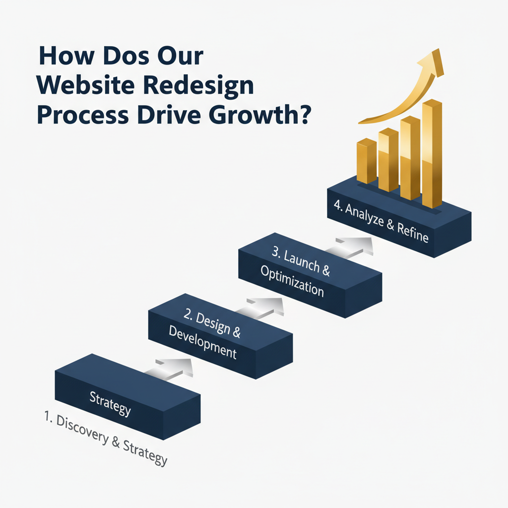 Infographic illustrating a multi-stage, ascending process flow diagram, showing each step of a website redesign leading to a final upward-trending business growth chart.