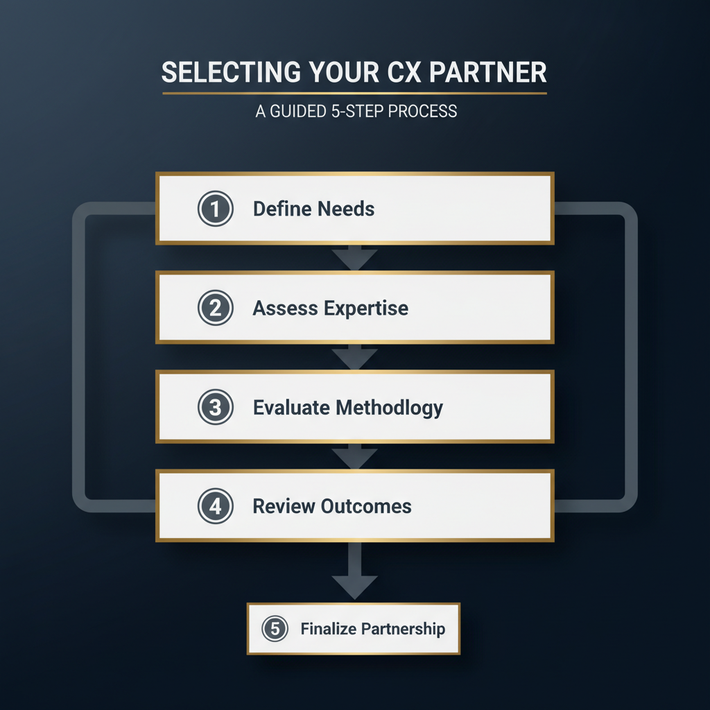 Infographic illustrating a multi-step process for selecting a customer experience consulting company, depicted as a structured flow with distinct phases and minimalist icons.
