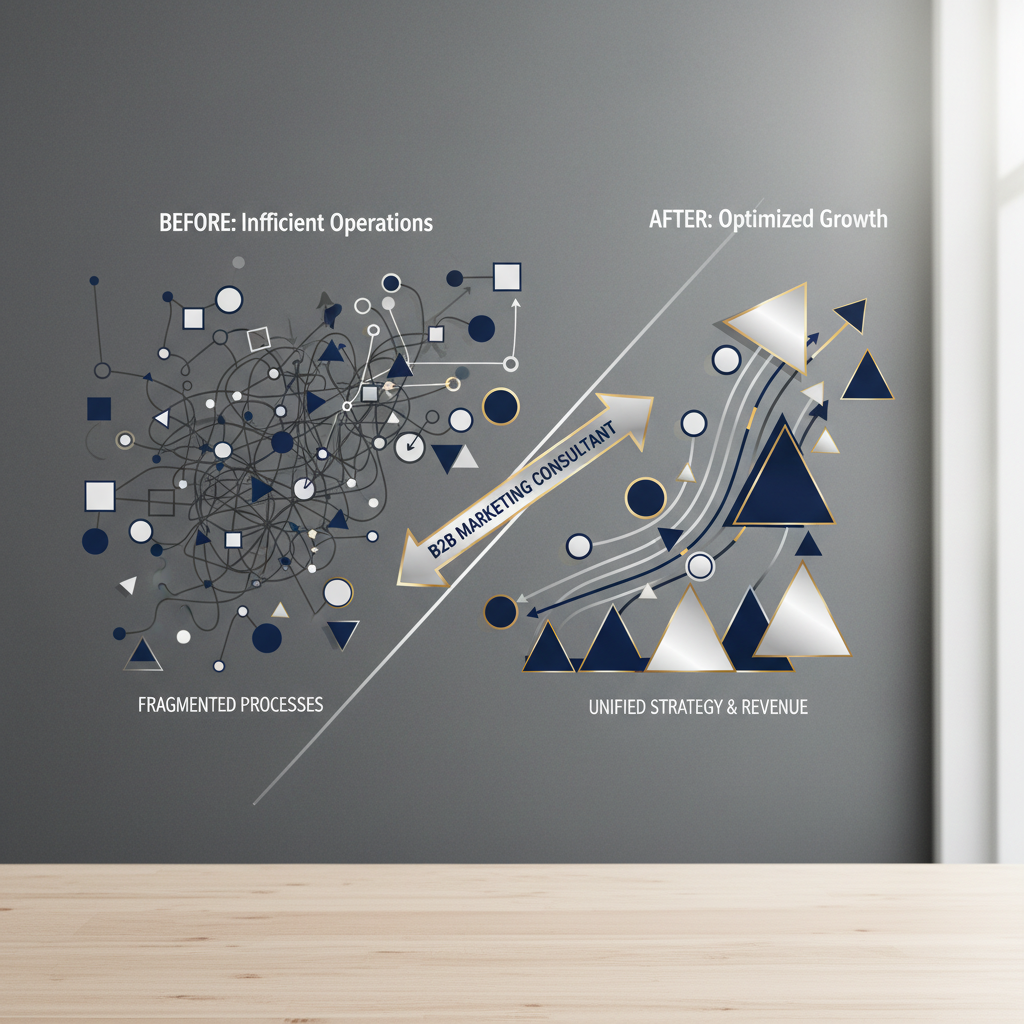 Infographic illustrating business transformation, showing a shift from chaotic, disconnected processes to streamlined, integrated, and ascending growth paths.
