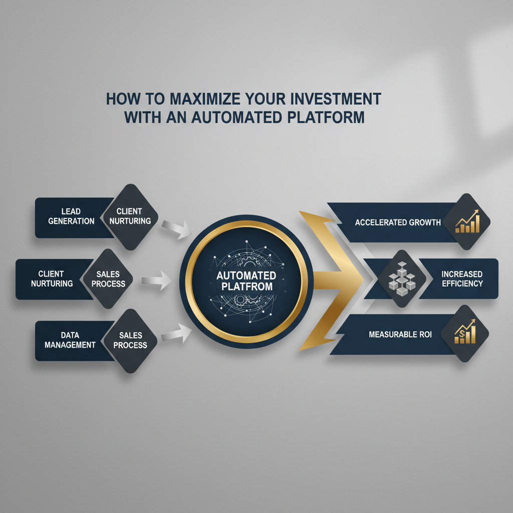 Infographic illustrating how an automated platform integrates business functions to maximize investment, showing inputs leading to a central automation core and outputs of accelerated growth and efficiency.