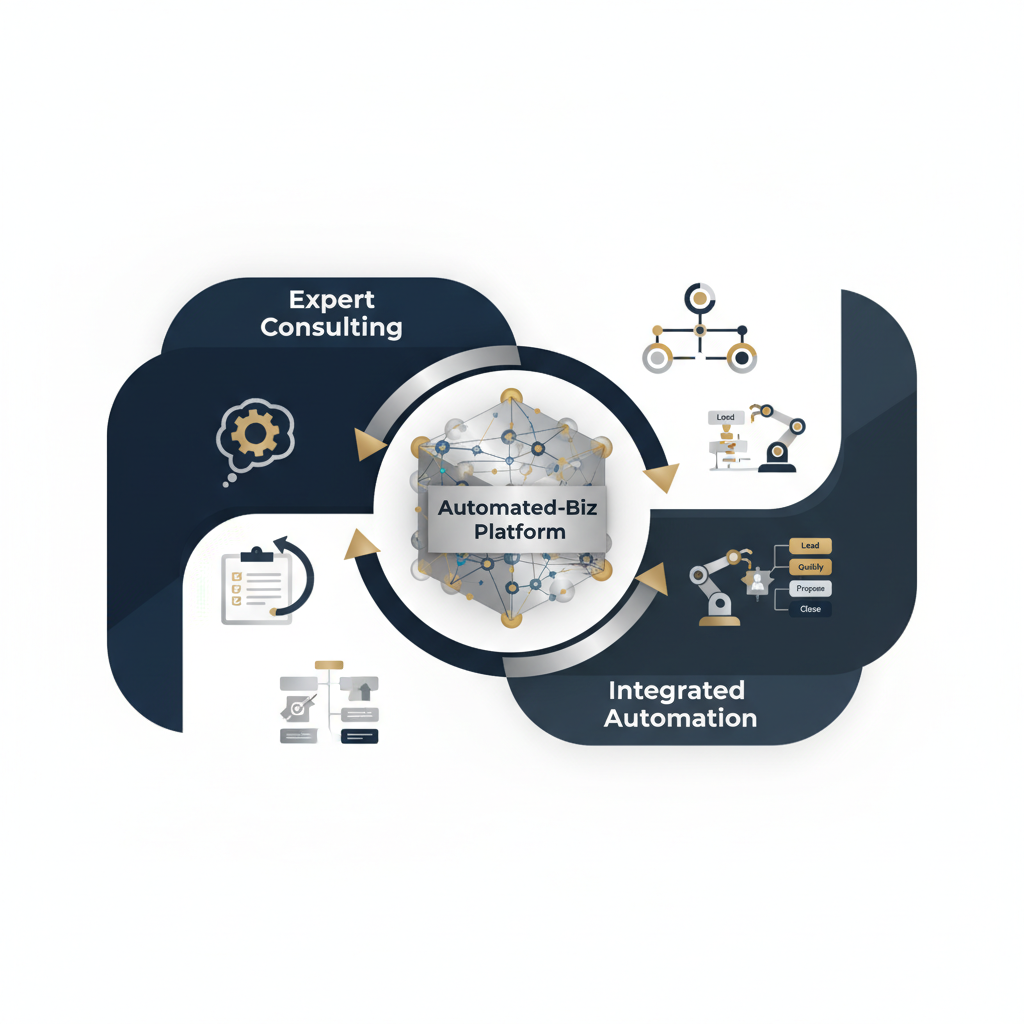 Infographic illustrating how Automated-Biz integrates expert consulting and powerful automation into a single, seamless platform through a central hub model.