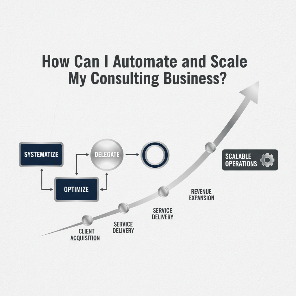 Infographic illustrating the automation and scaling of a consulting business through an abstract workflow diagram flowing into an ascending growth chart with performance milestones, highlighted with silver.