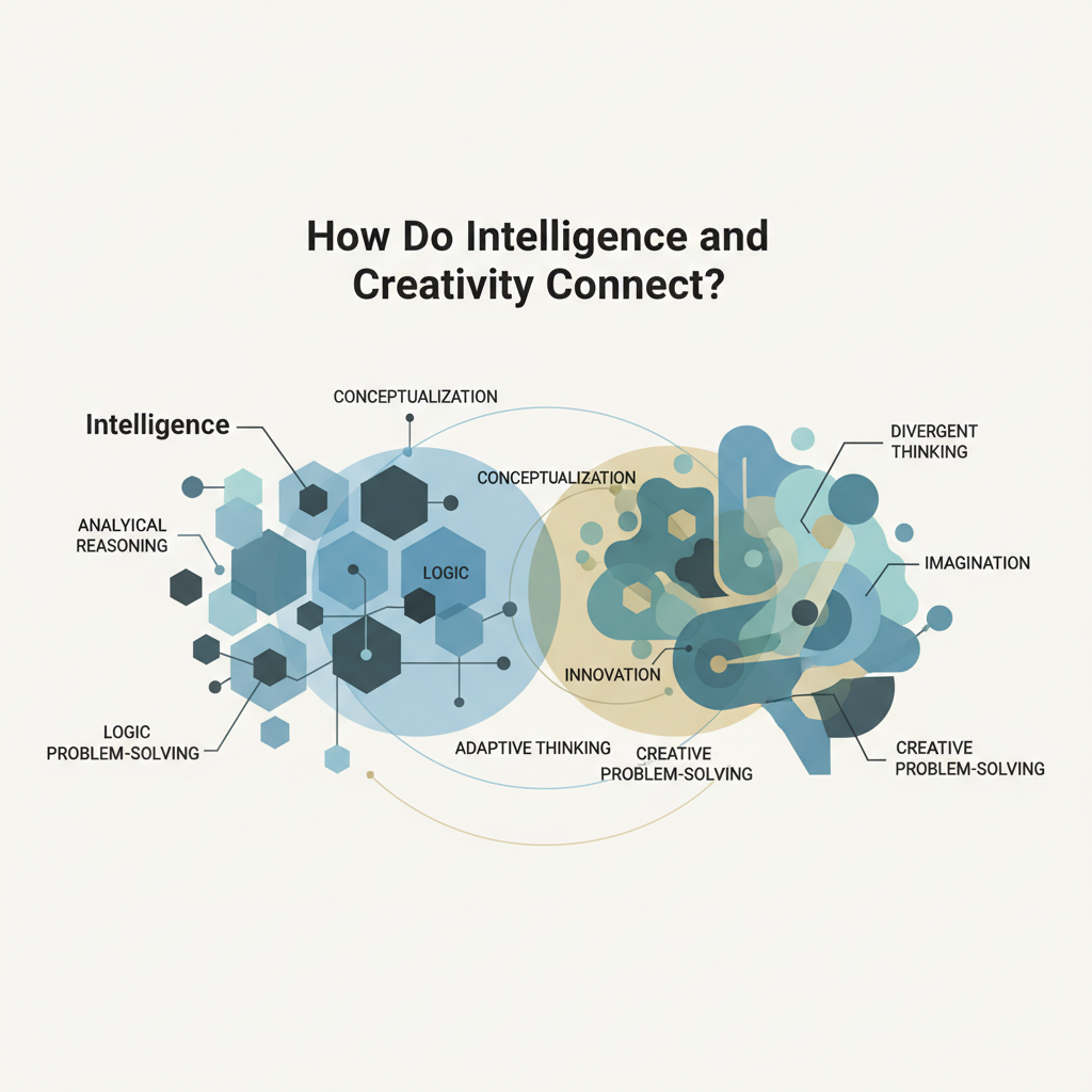 Infographic illustrating the connection between intelligence and creativity, depicted as two overlapping conceptual networks of geometric shapes, showing shared and distinct cognitive functions.