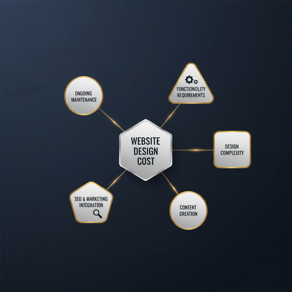 Infographic illustrating the core factors influencing website design cost, depicted as a central node with radiating branches representing elements like functionality, design complexity, and content.