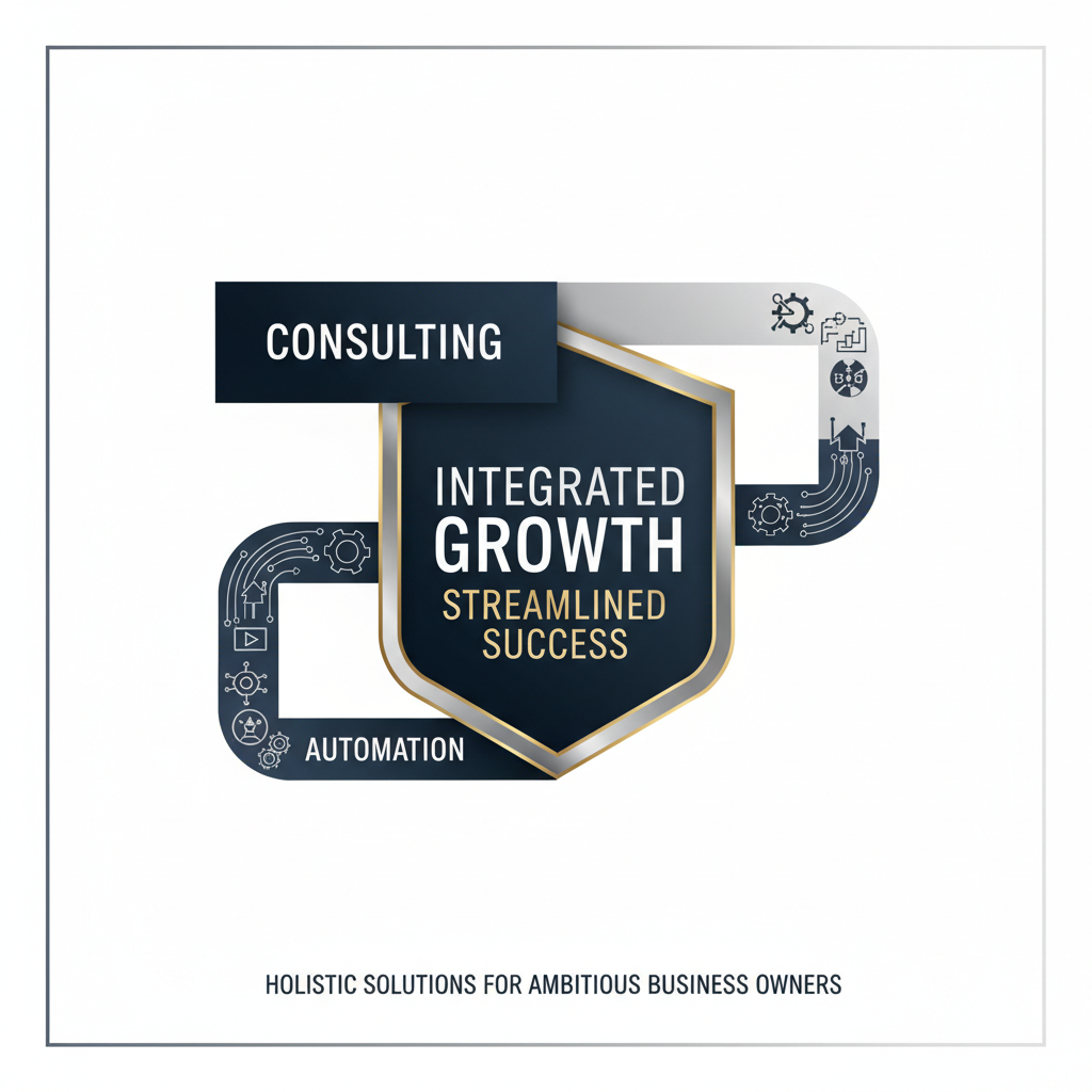 Infographic illustrating the integrated delivery model of Automated-Biz, showing a strategic consulting block seamlessly interlocking with a continuous automation workflow, merging into a larger symbol of integrated business growth and streamlined success.