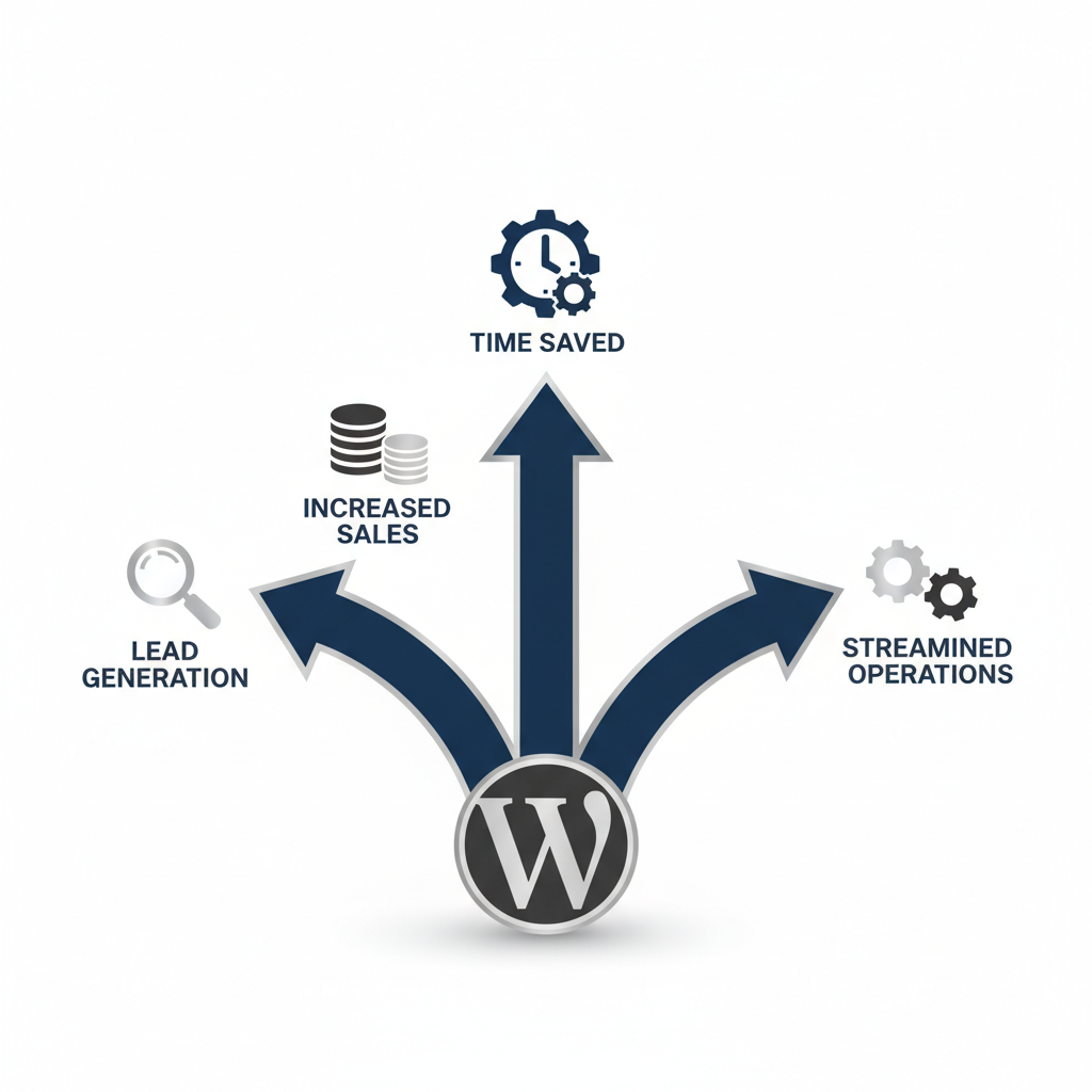 Infographic illustrating why WordPress is crucial for business, showcasing its role in lead generation, increased sales, time savings, and streamlined operations.