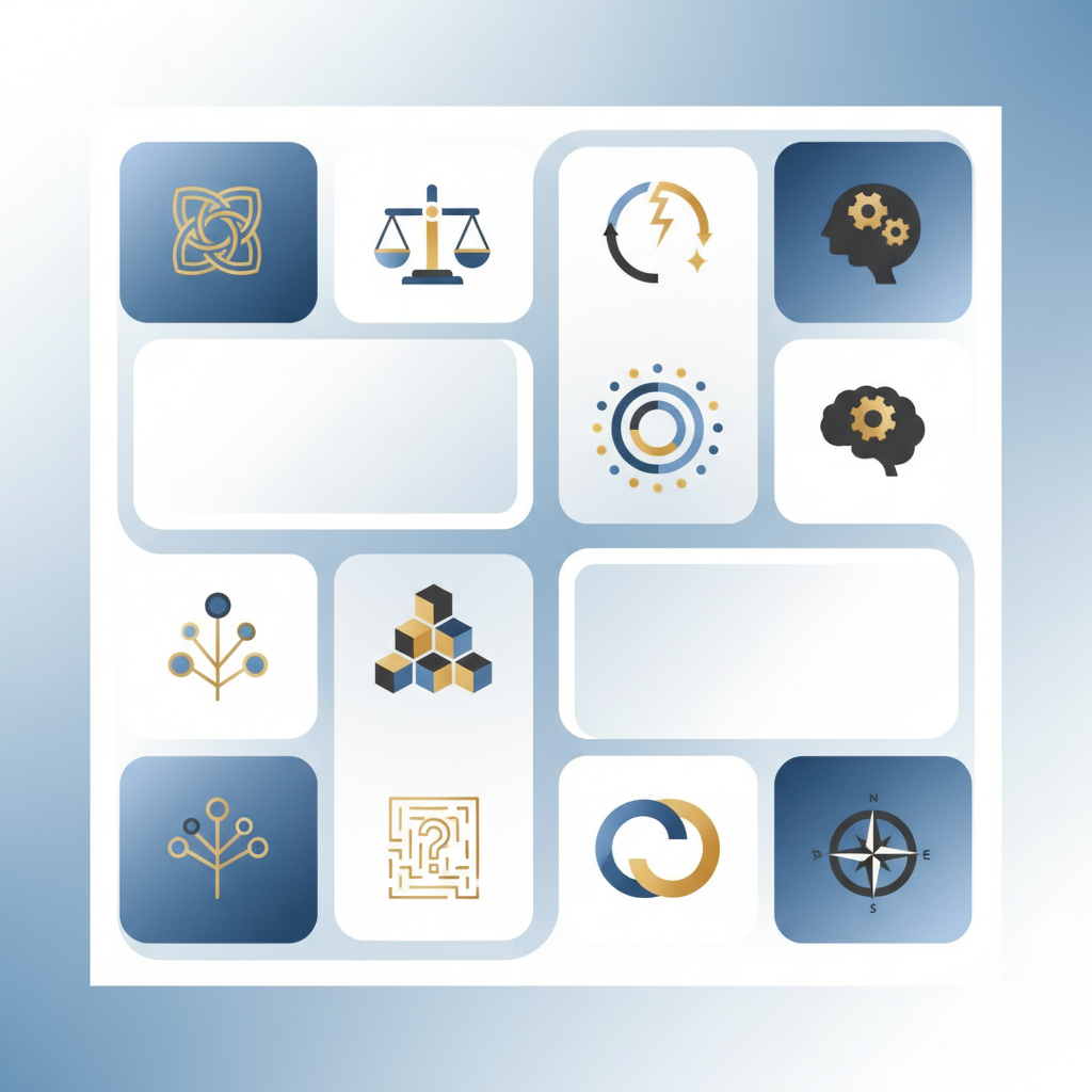 Infographic presenting a structured grid or chart with ten distinct, minimalist geometric icons. Each icon visually represents one of the ten famous psychological tests, offering a clean, abstract overview of their conceptual focus in a vector art style.