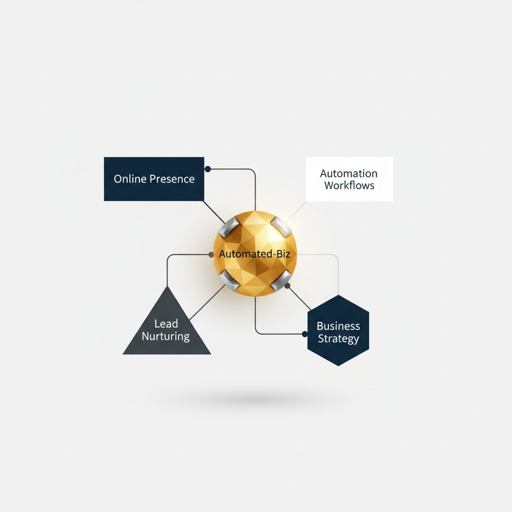 Infographic representing 'Automated-Biz' as a central, integrated platform, with interconnected modules for online presence, lead nurturing, automation workflows, and business strategy.