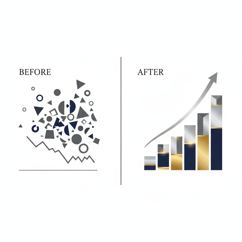 Infographic showing a business transforming from fragmented, stagnant challenges to cohesive, upward growth, represented by abstract geometric shapes and a rising trend line.